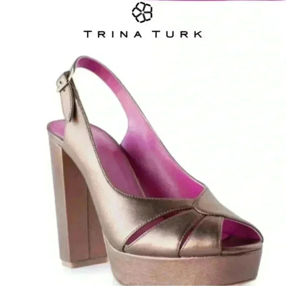 Trina Turk Leather Joni Platform Heels Bronze Size 8 Brand New - Picture 15 of 15